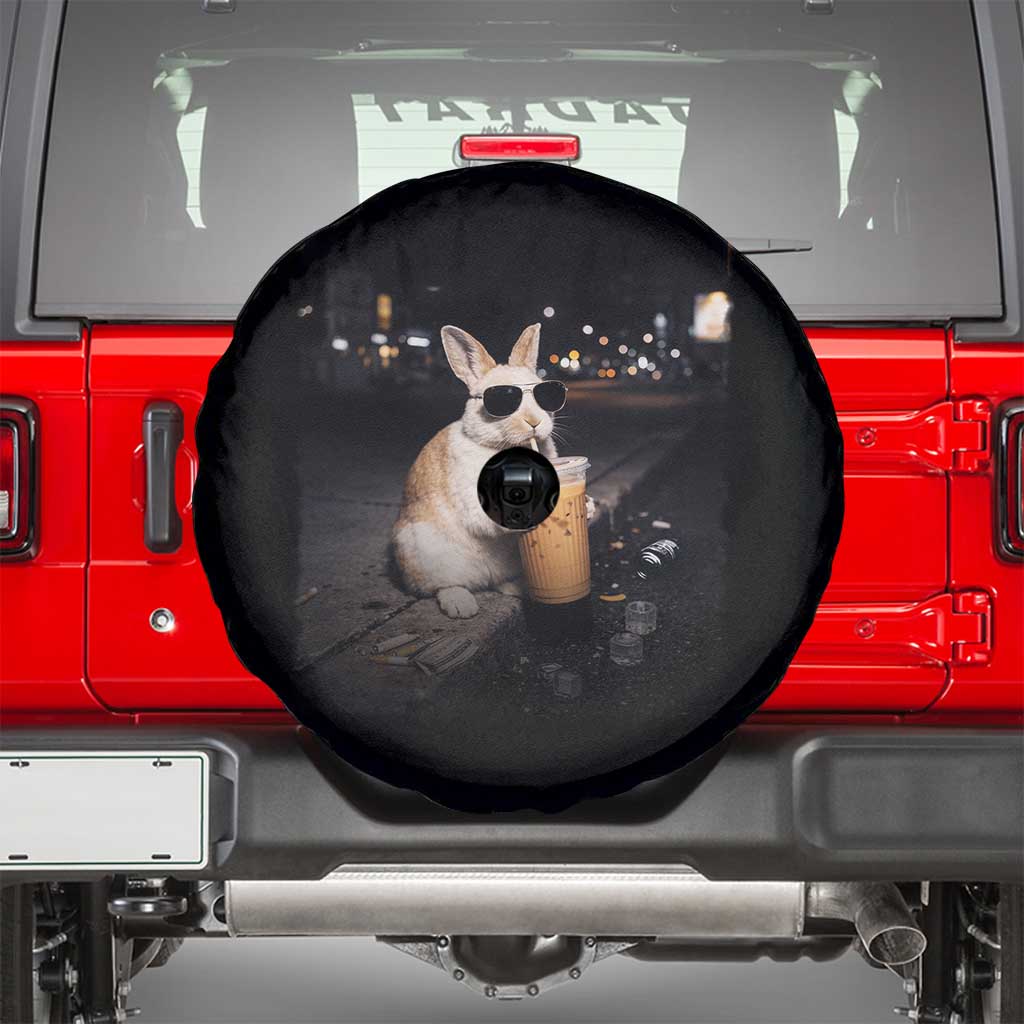 Funny Bunny Drinking Iced Coffee Spare Tire Cover Animal Meme Viral Internet