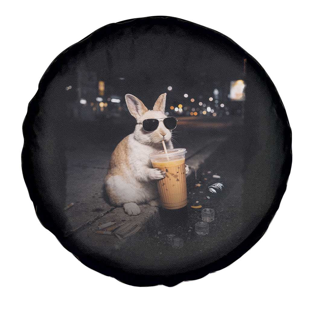 Funny Bunny Drinking Iced Coffee Spare Tire Cover Animal Meme Viral Internet