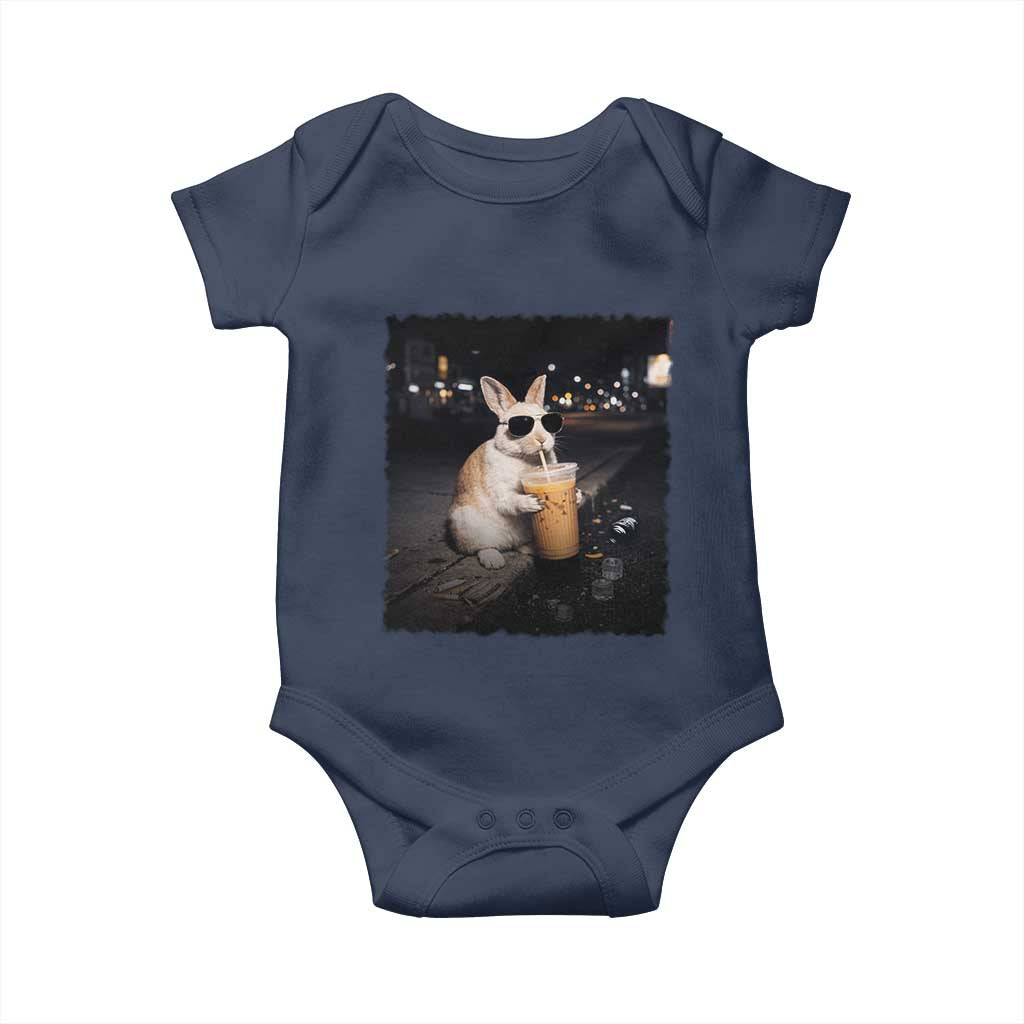 Funny Bunny Drinking Iced Coffee Baby Onesie Animal Meme Viral Internet