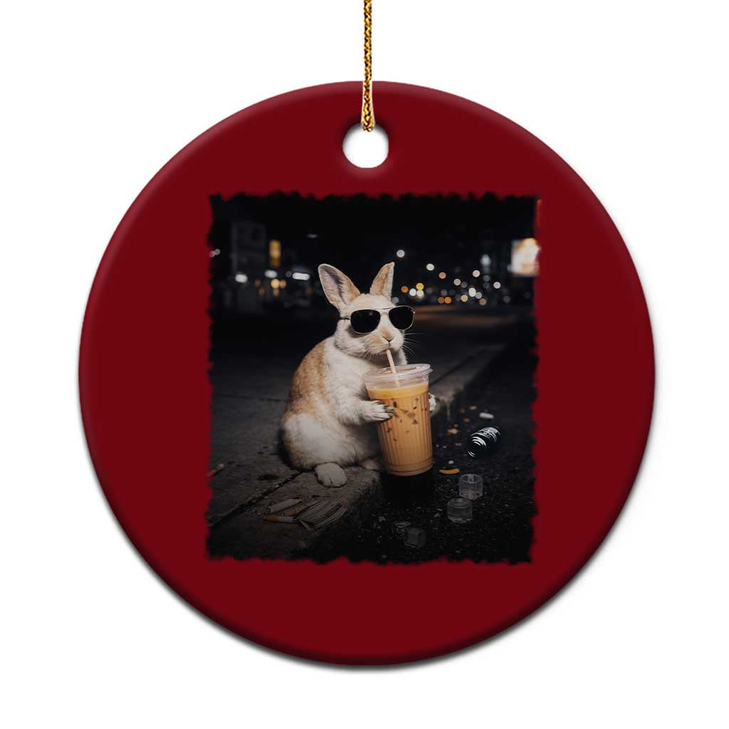 Funny Bunny Drinking Iced Coffee Ceramic Ornament Animal Meme Viral Internet