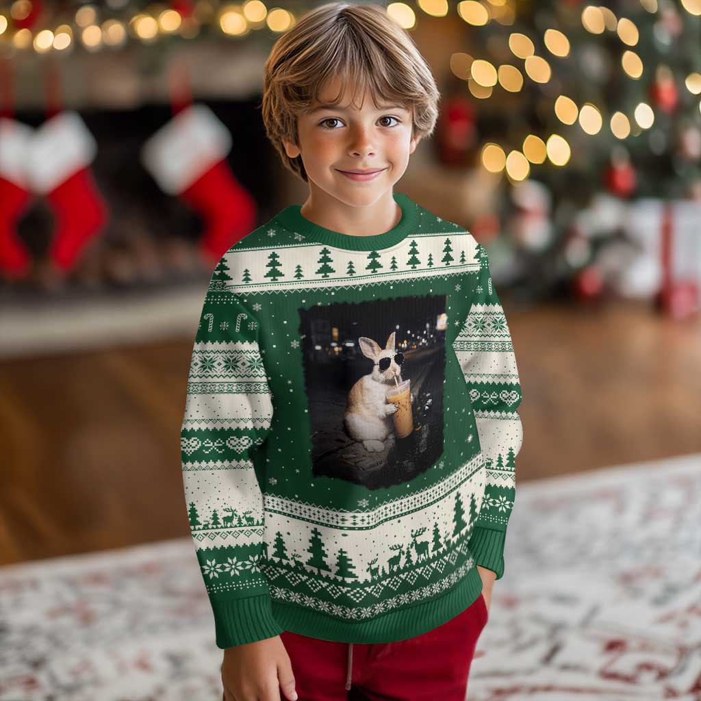 Funny Bunny Drinking Iced Coffee Ugly Christmas Sweater Animal Meme Viral Internet