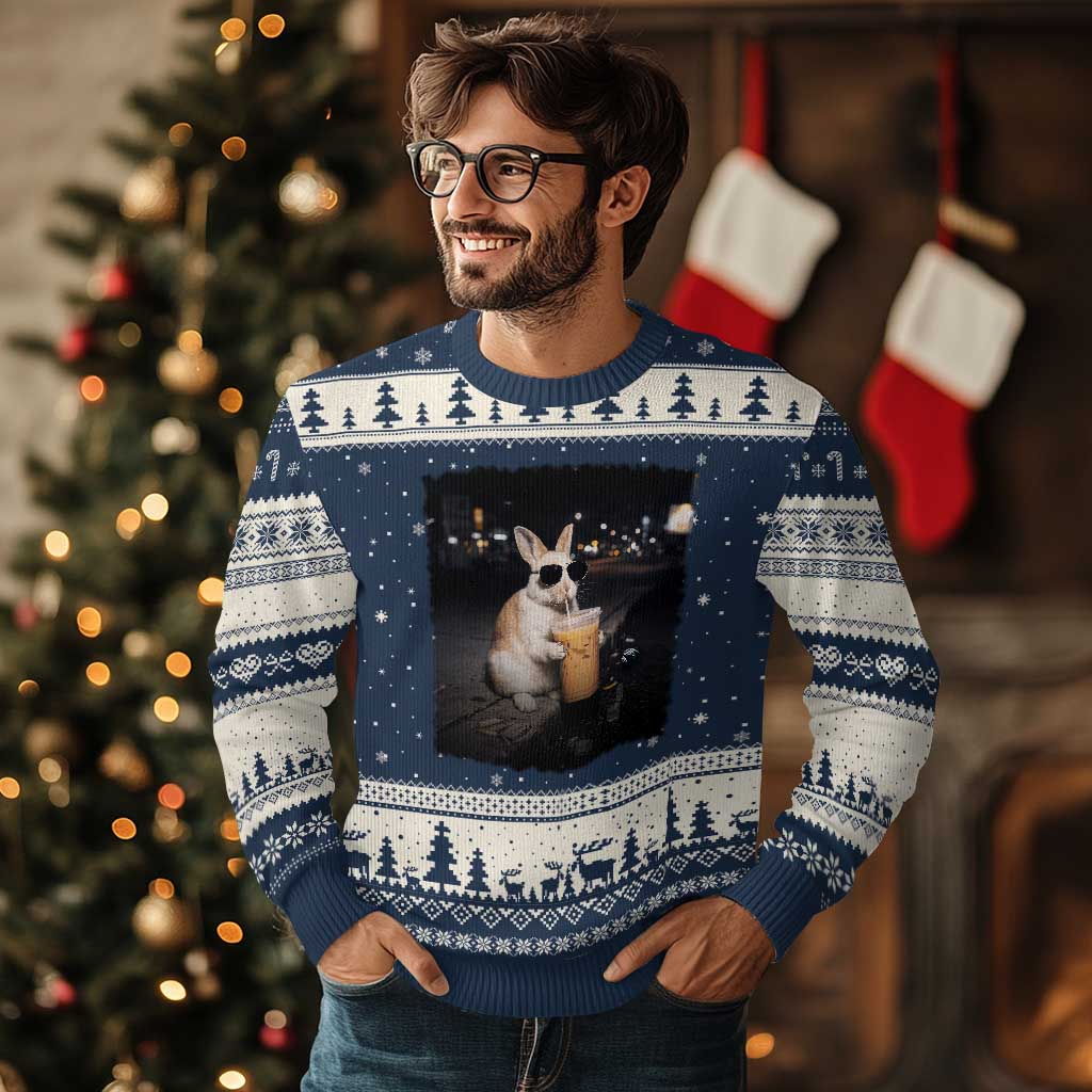 Funny Bunny Drinking Iced Coffee Ugly Christmas Sweater Animal Meme Viral Internet