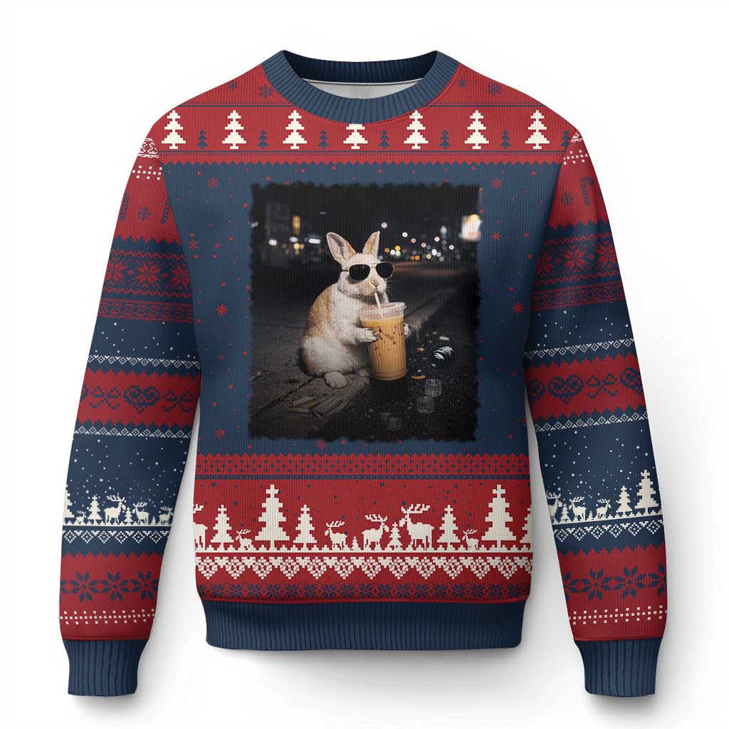 Funny Bunny Drinking Iced Coffee Ugly Christmas Sweater Animal Meme Viral Internet