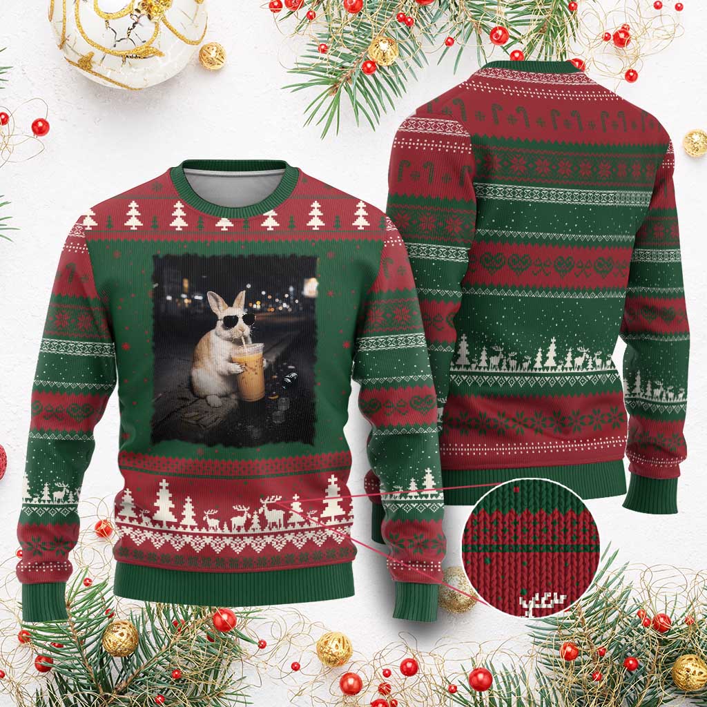 Funny Bunny Drinking Iced Coffee Ugly Christmas Sweater Animal Meme Viral Internet