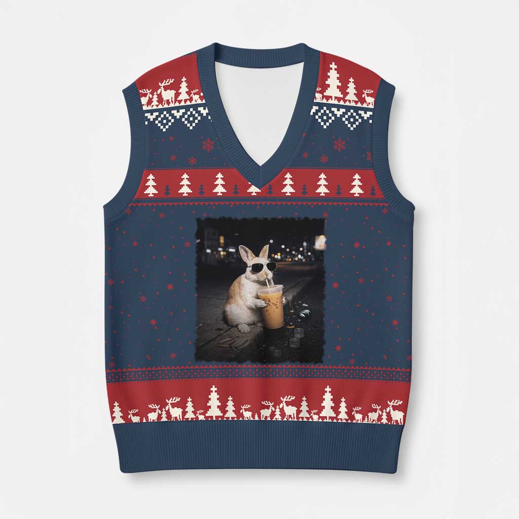 Funny Bunny Drinking Iced Coffee V-Neck Knit Sweater Vest Animal Meme Viral Internet