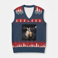 Funny Bunny Drinking Iced Coffee V-Neck Knit Sweater Vest Animal Meme Viral Internet