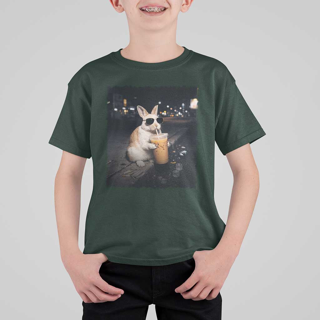 Funny Bunny Drinking Iced Coffee T Shirt For Kid Animal Meme Viral Internet