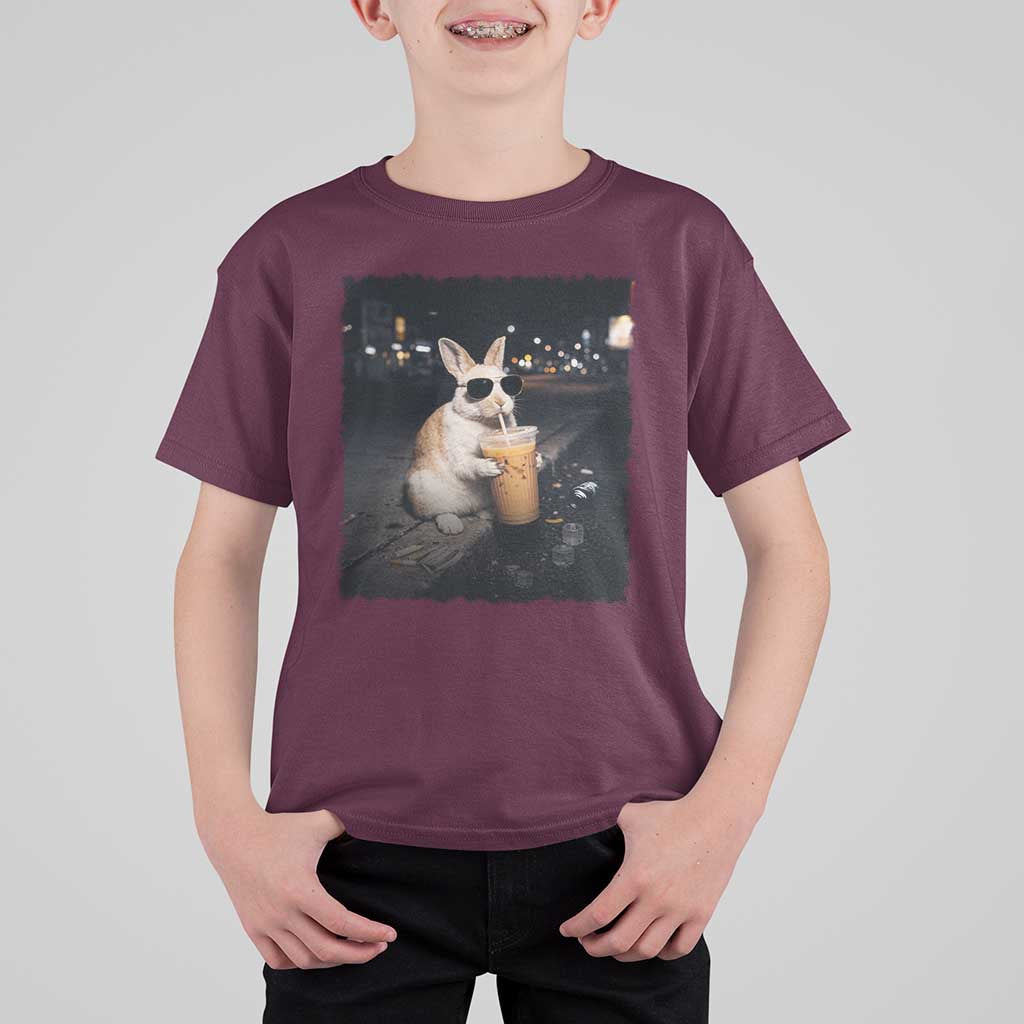 Funny Bunny Drinking Iced Coffee T Shirt For Kid Animal Meme Viral Internet