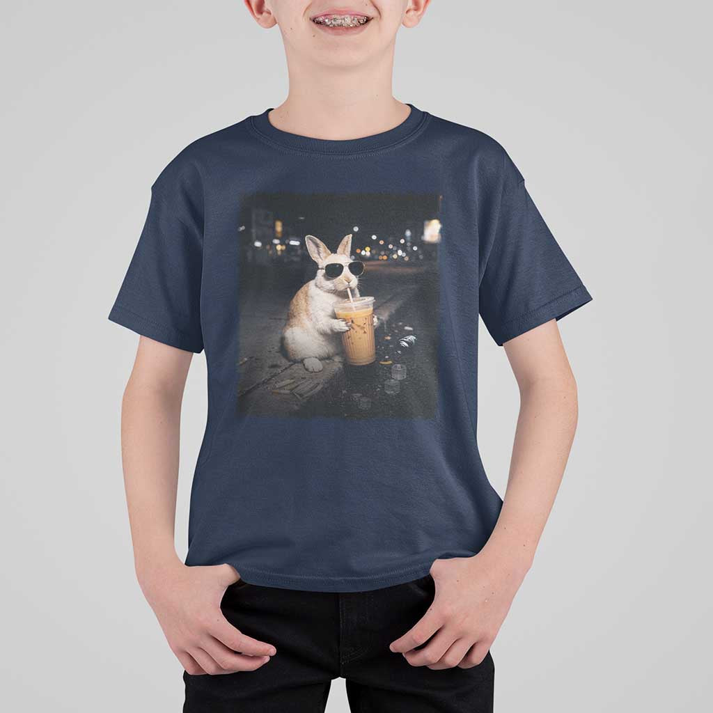 Funny Bunny Drinking Iced Coffee T Shirt For Kid Animal Meme Viral Internet