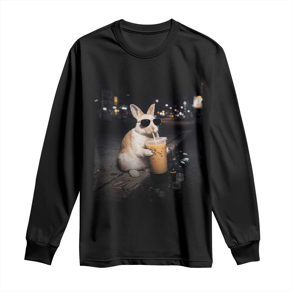 Funny Bunny Drinking Iced Coffee Long Sleeve Shirt Animal Meme Viral Internet