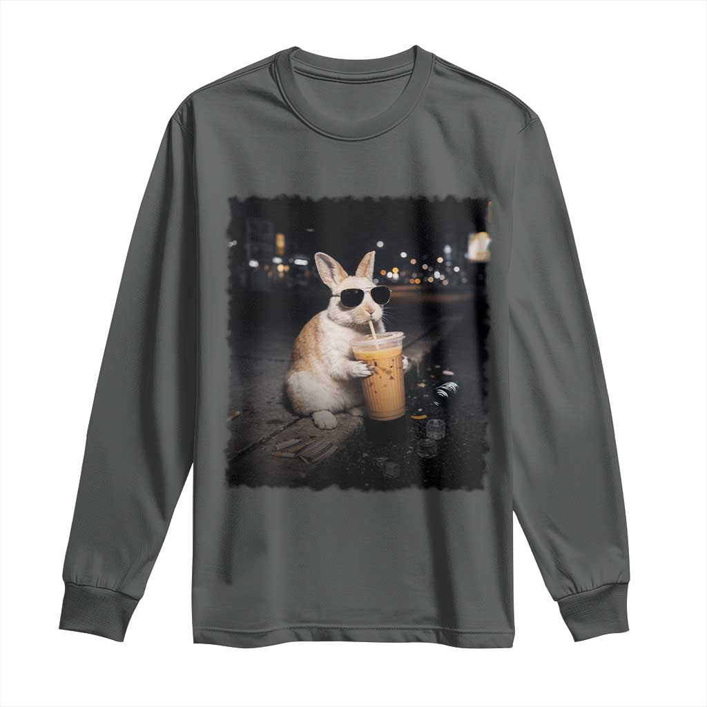 Funny Bunny Drinking Iced Coffee Long Sleeve Shirt Animal Meme Viral Internet