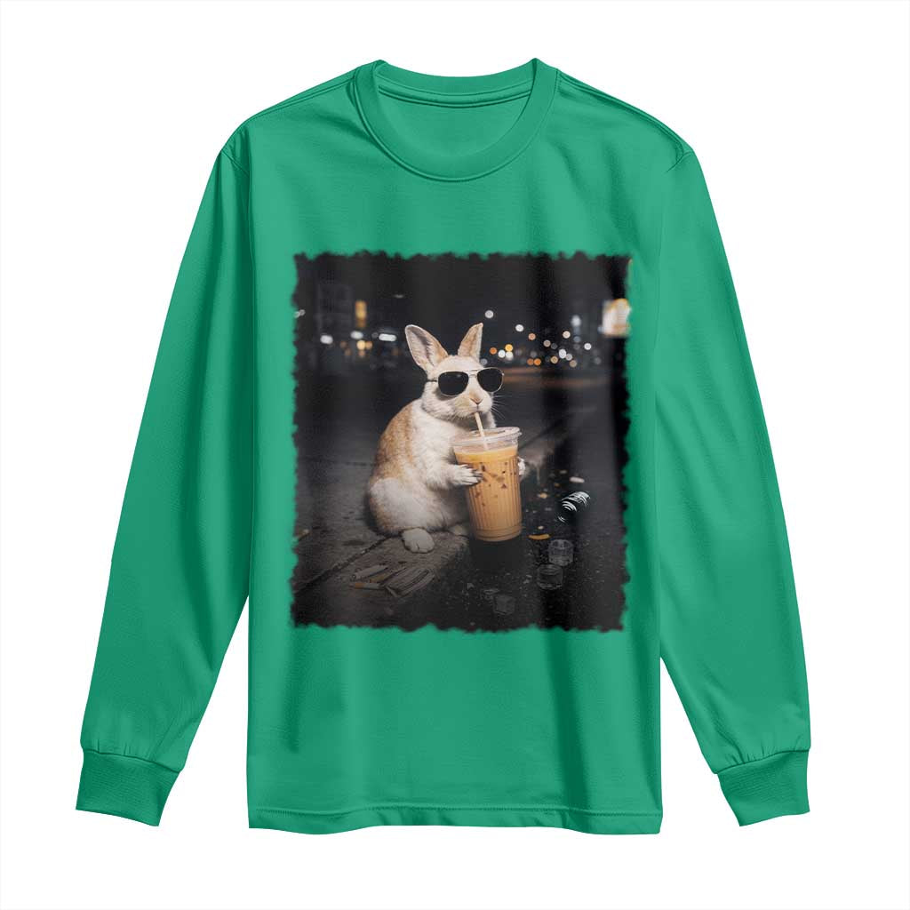 Funny Bunny Drinking Iced Coffee Long Sleeve Shirt Animal Meme Viral Internet