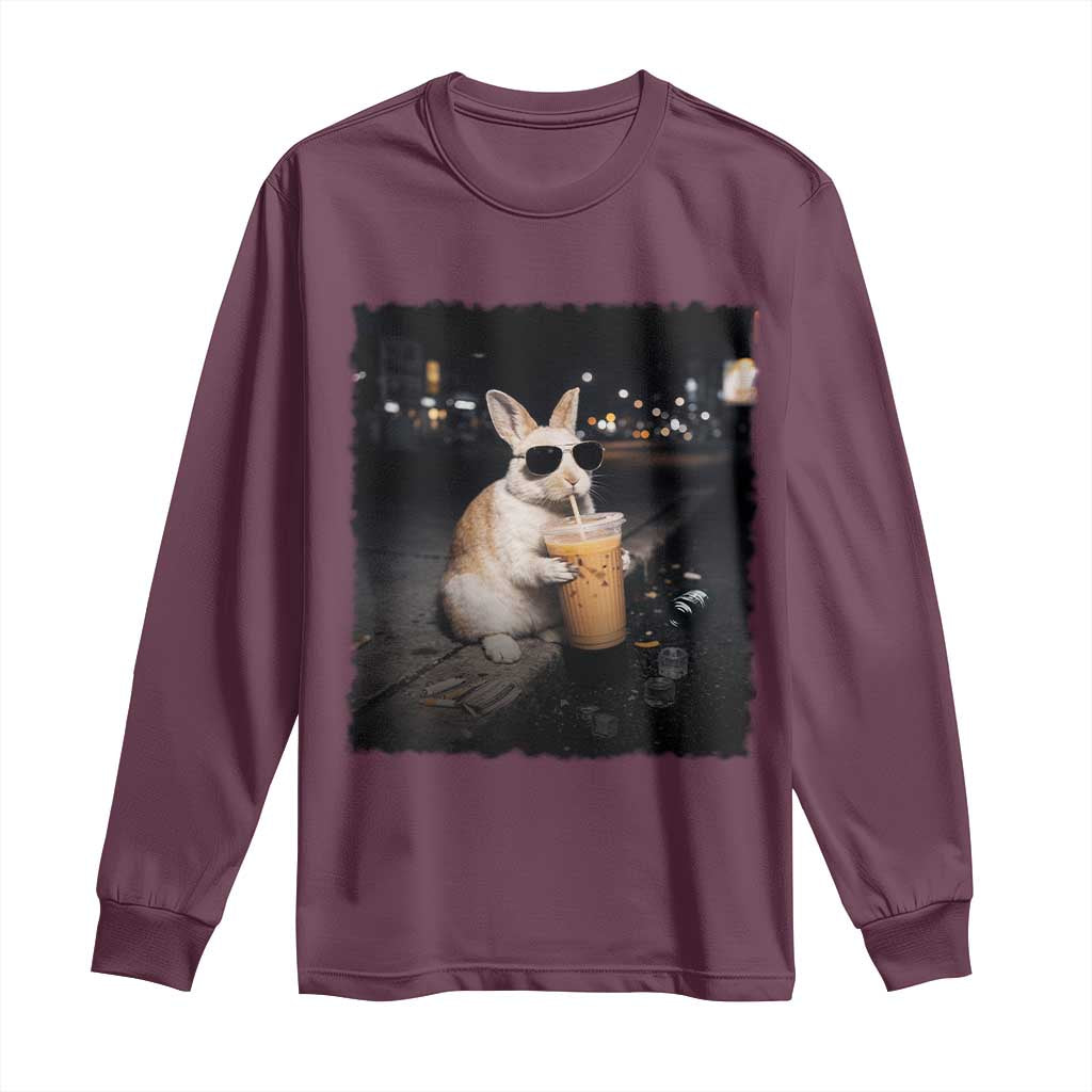 Funny Bunny Drinking Iced Coffee Long Sleeve Shirt Animal Meme Viral Internet