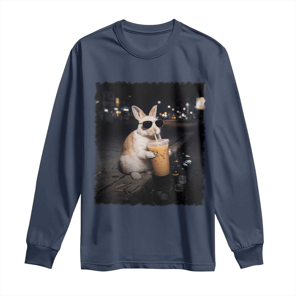 Funny Bunny Drinking Iced Coffee Long Sleeve Shirt Animal Meme Viral Internet