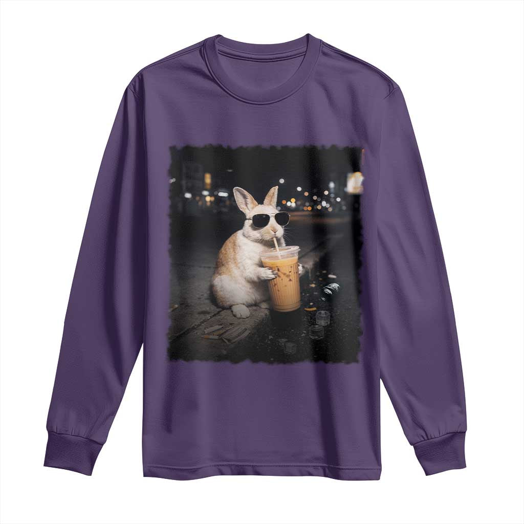 Funny Bunny Drinking Iced Coffee Long Sleeve Shirt Animal Meme Viral Internet