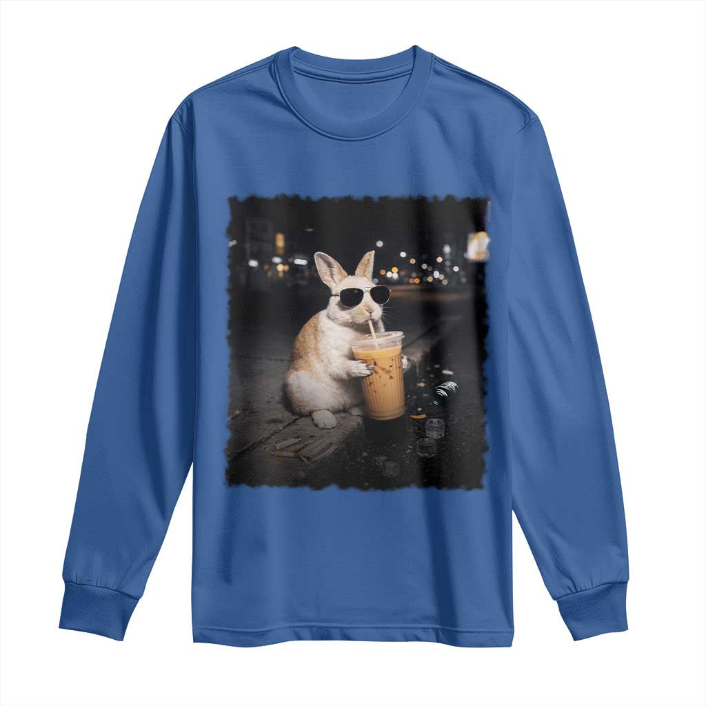 Funny Bunny Drinking Iced Coffee Long Sleeve Shirt Animal Meme Viral Internet