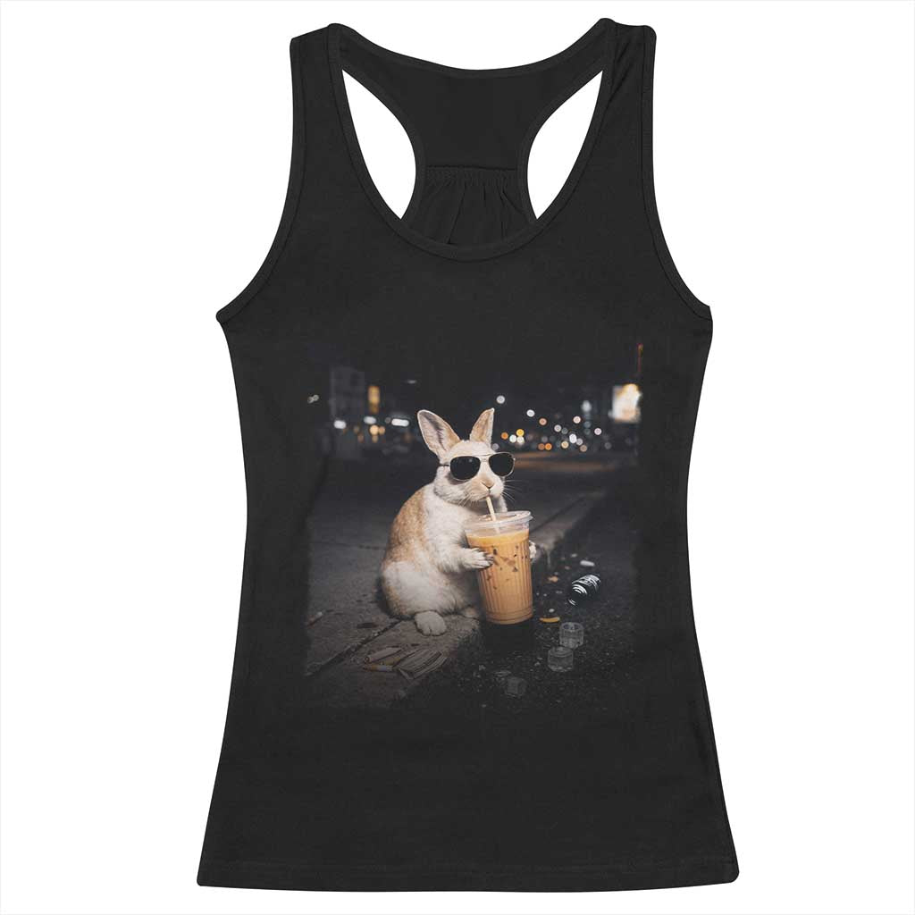 Funny Bunny Drinking Iced Coffee Racerback Tank Top Animal Meme Viral Internet
