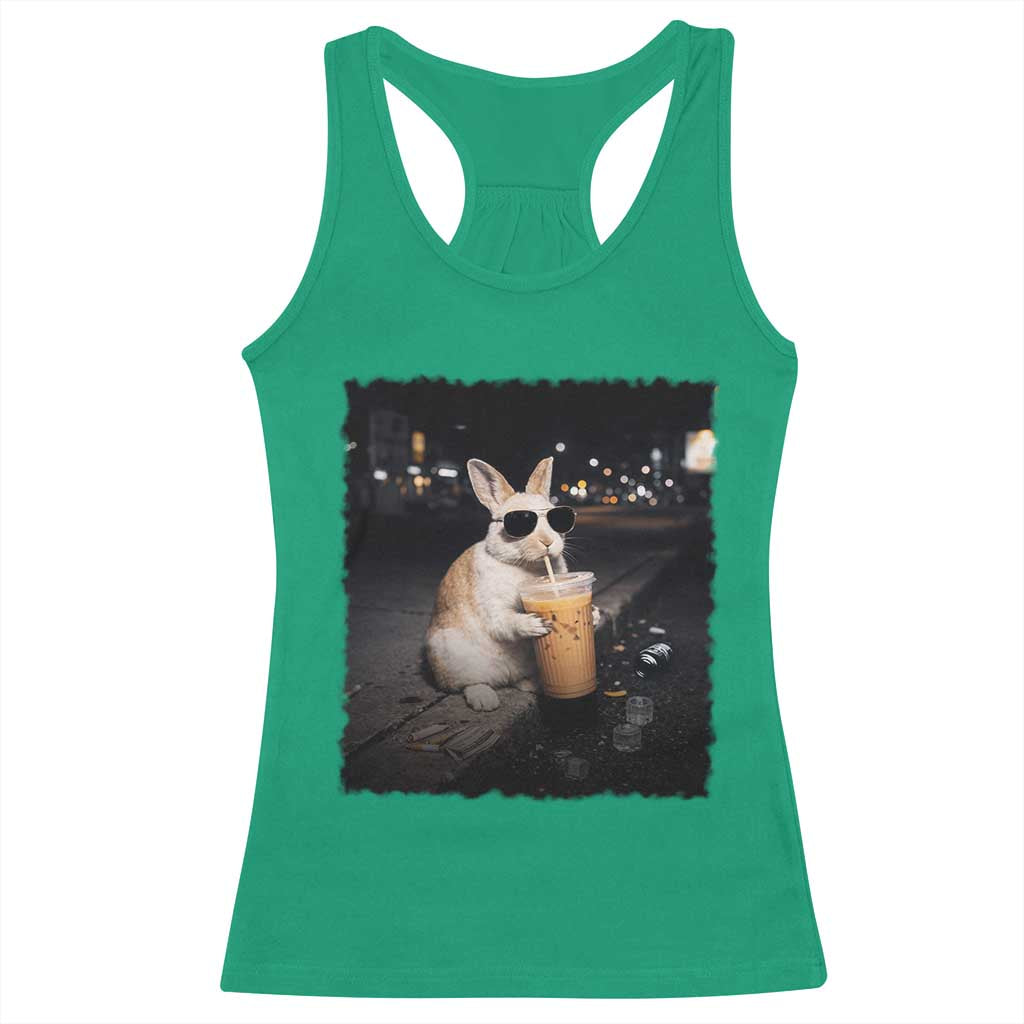 Funny Bunny Drinking Iced Coffee Racerback Tank Top Animal Meme Viral Internet