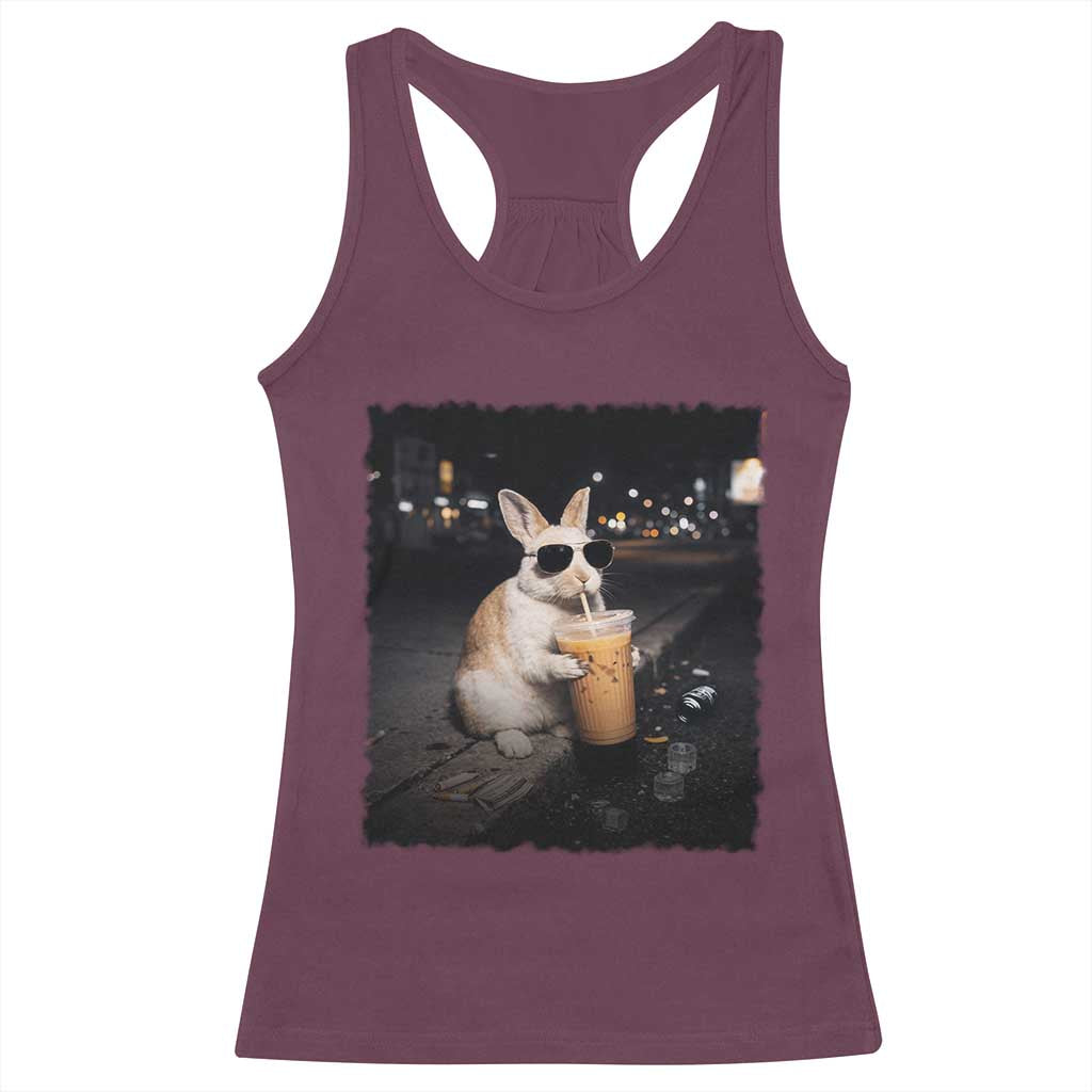 Funny Bunny Drinking Iced Coffee Racerback Tank Top Animal Meme Viral Internet