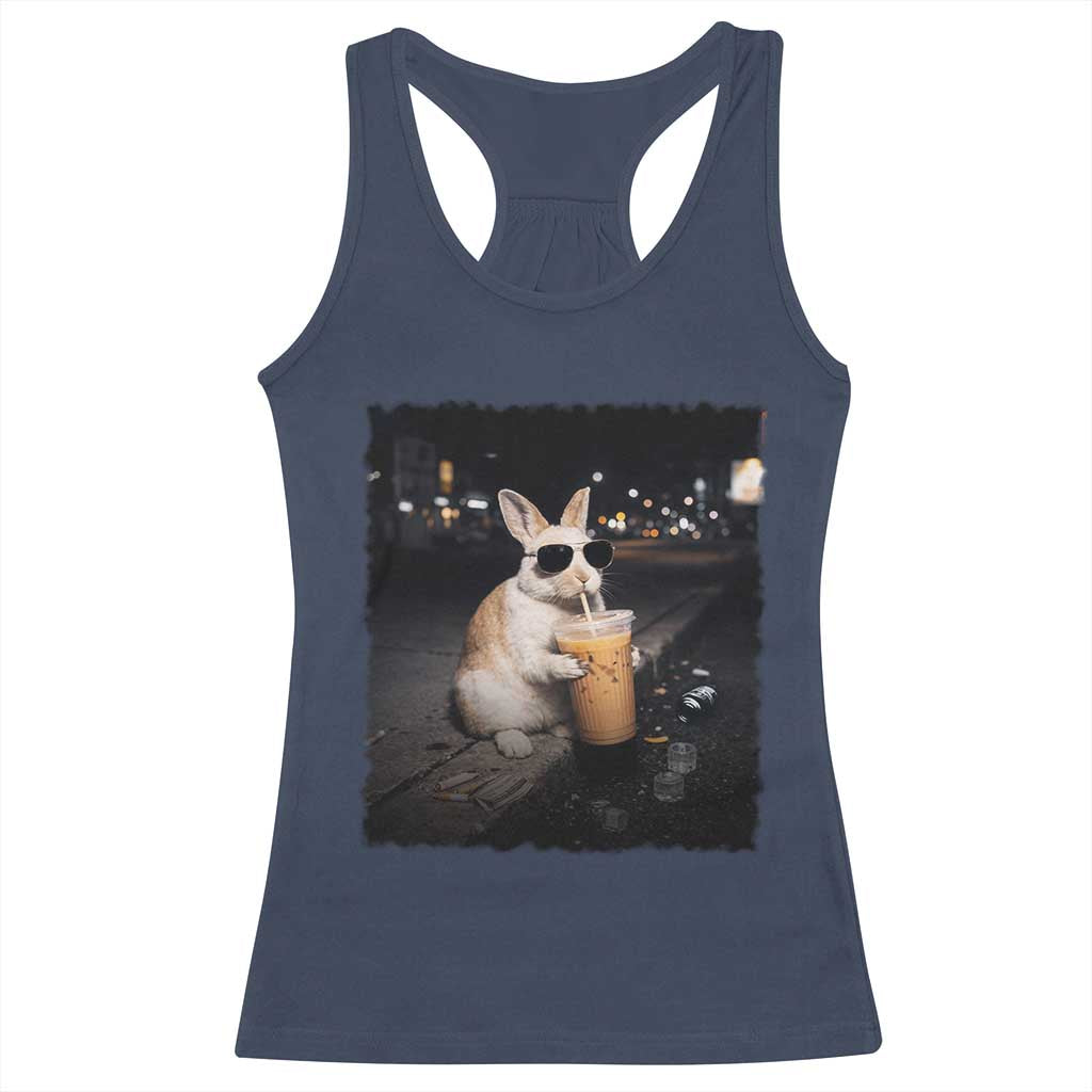Funny Bunny Drinking Iced Coffee Racerback Tank Top Animal Meme Viral Internet