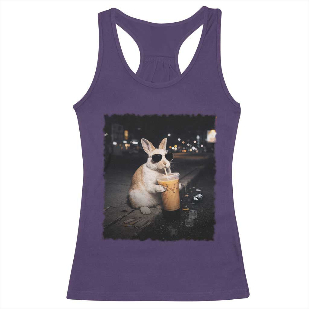 Funny Bunny Drinking Iced Coffee Racerback Tank Top Animal Meme Viral Internet