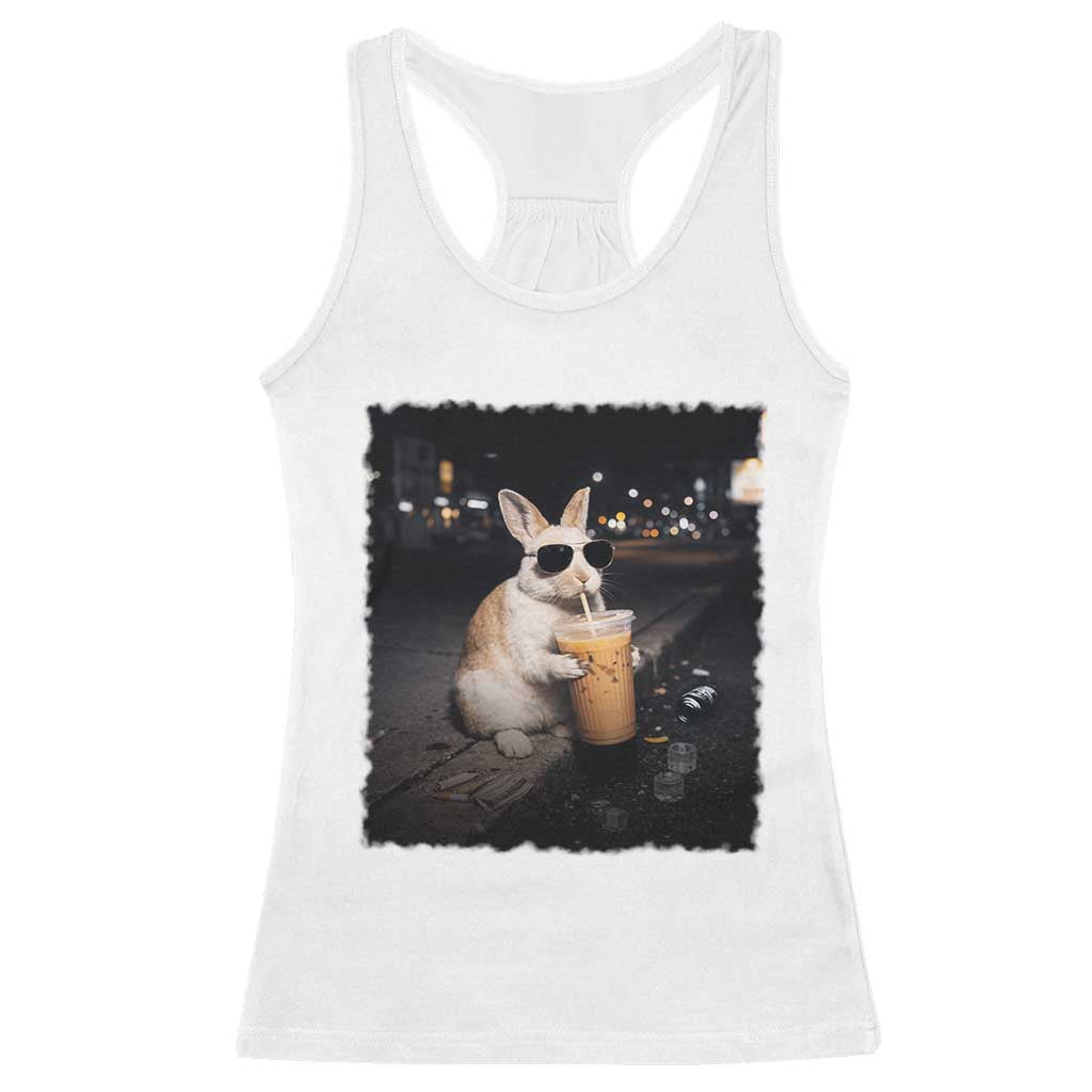 Funny Bunny Drinking Iced Coffee Racerback Tank Top Animal Meme Viral Internet