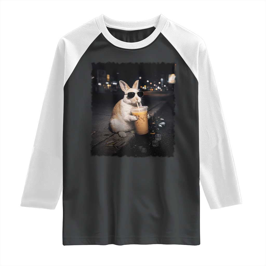 Funny Bunny Drinking Iced Coffee Raglan Shirt Animal Meme Viral Internet