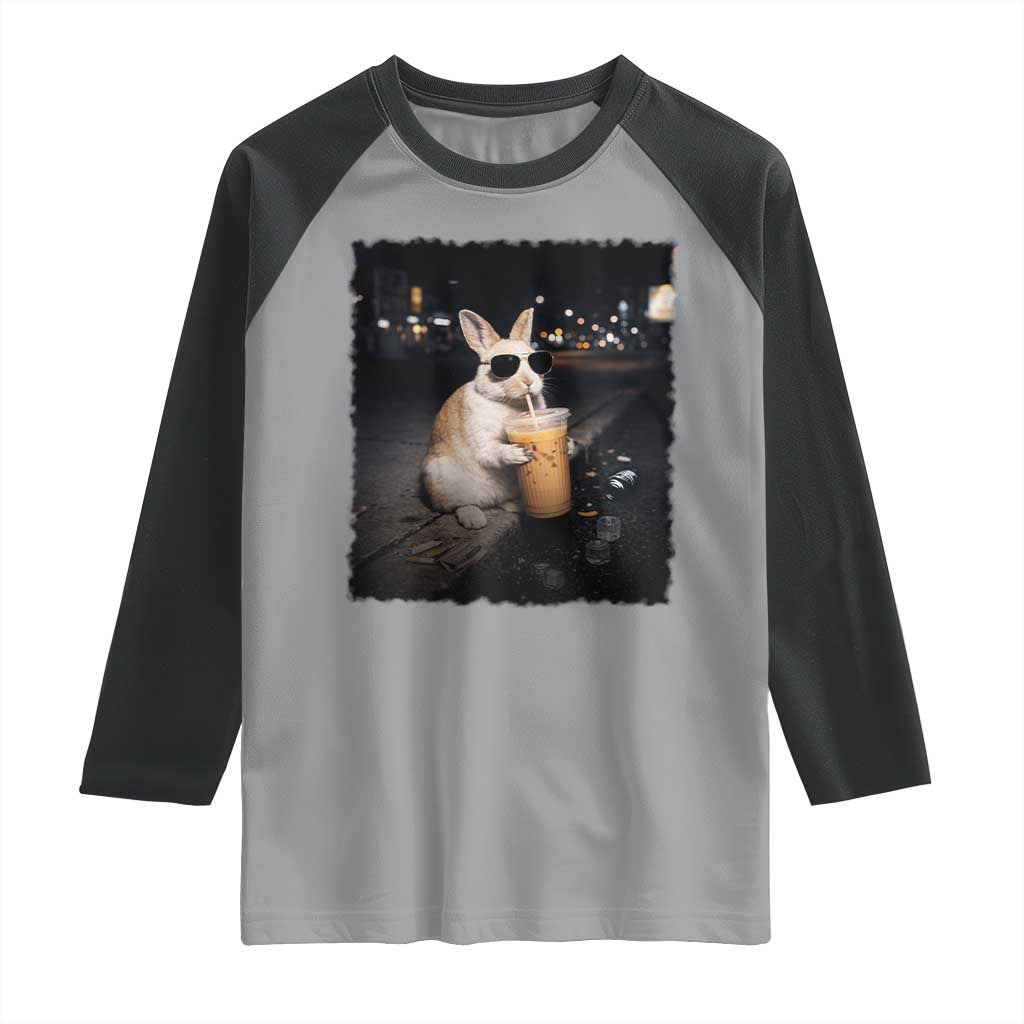 Funny Bunny Drinking Iced Coffee Raglan Shirt Animal Meme Viral Internet