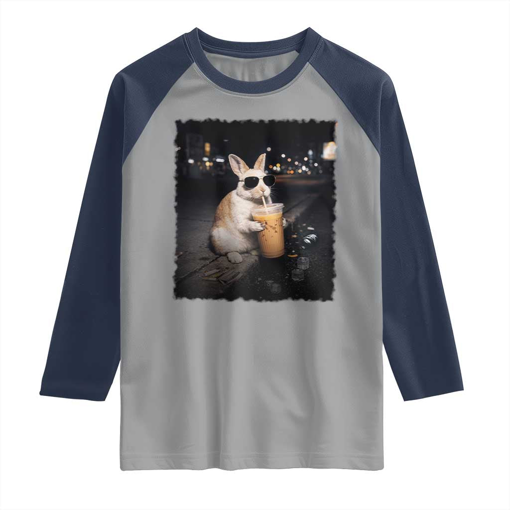 Funny Bunny Drinking Iced Coffee Raglan Shirt Animal Meme Viral Internet