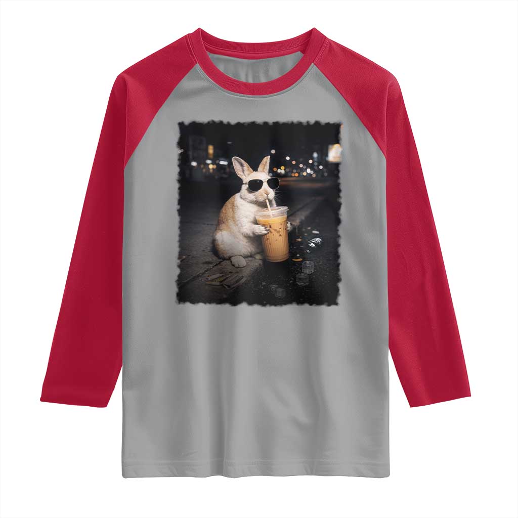 Funny Bunny Drinking Iced Coffee Raglan Shirt Animal Meme Viral Internet