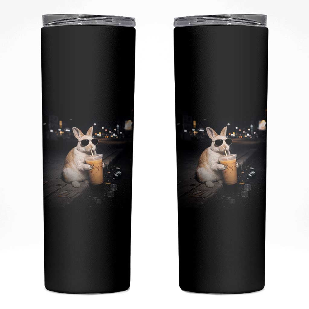Funny Bunny Drinking Iced Coffee Skinny Tumbler Animal Meme Viral Internet