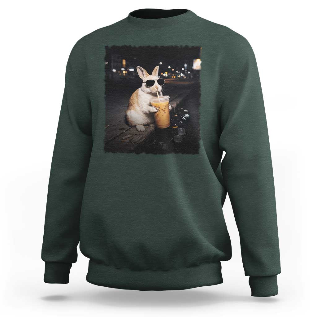 Funny Bunny Drinking Iced Coffee Sweatshirt Animal Meme Viral Internet