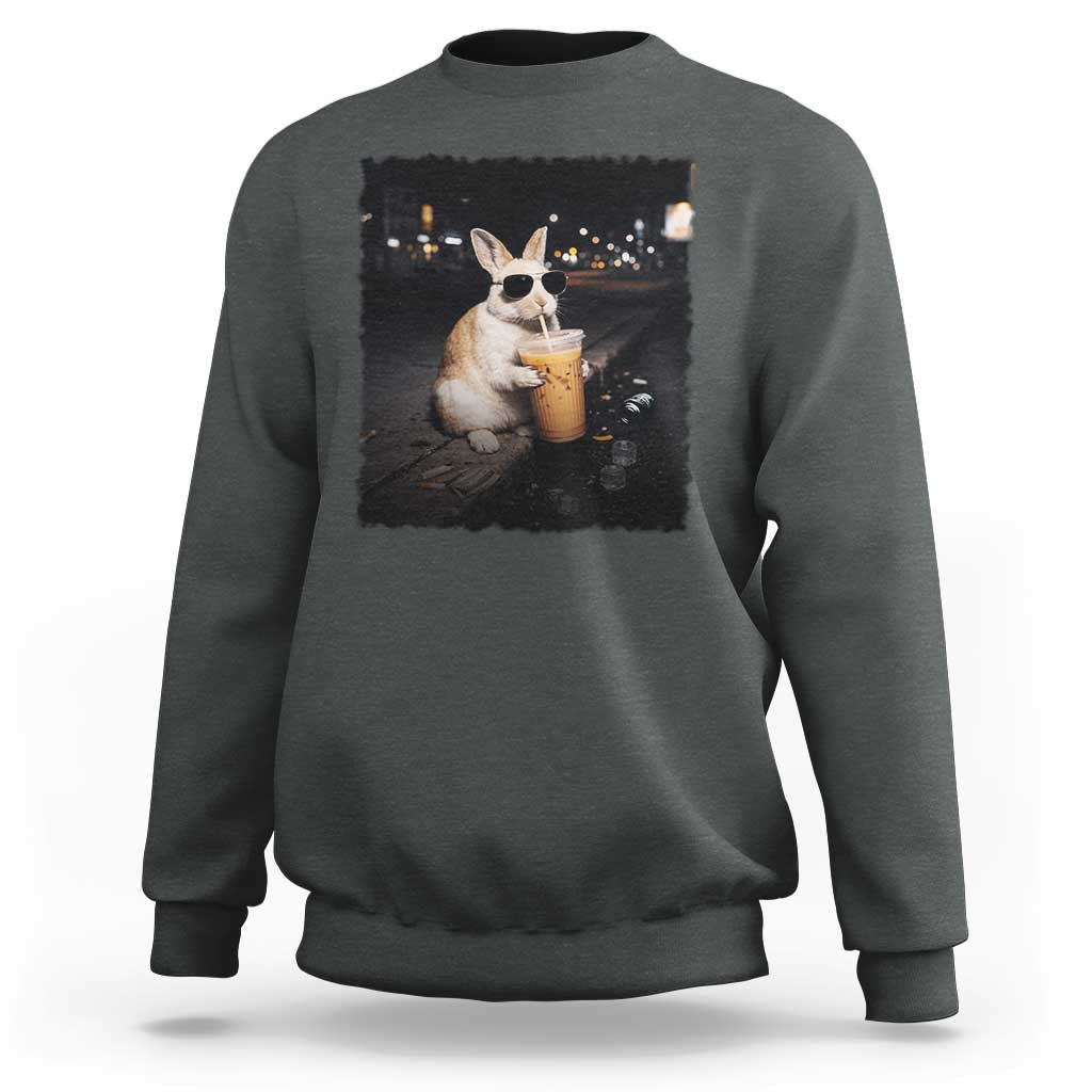 Funny Bunny Drinking Iced Coffee Sweatshirt Animal Meme Viral Internet