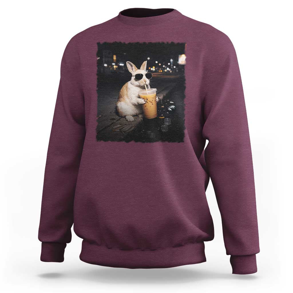 Funny Bunny Drinking Iced Coffee Sweatshirt Animal Meme Viral Internet