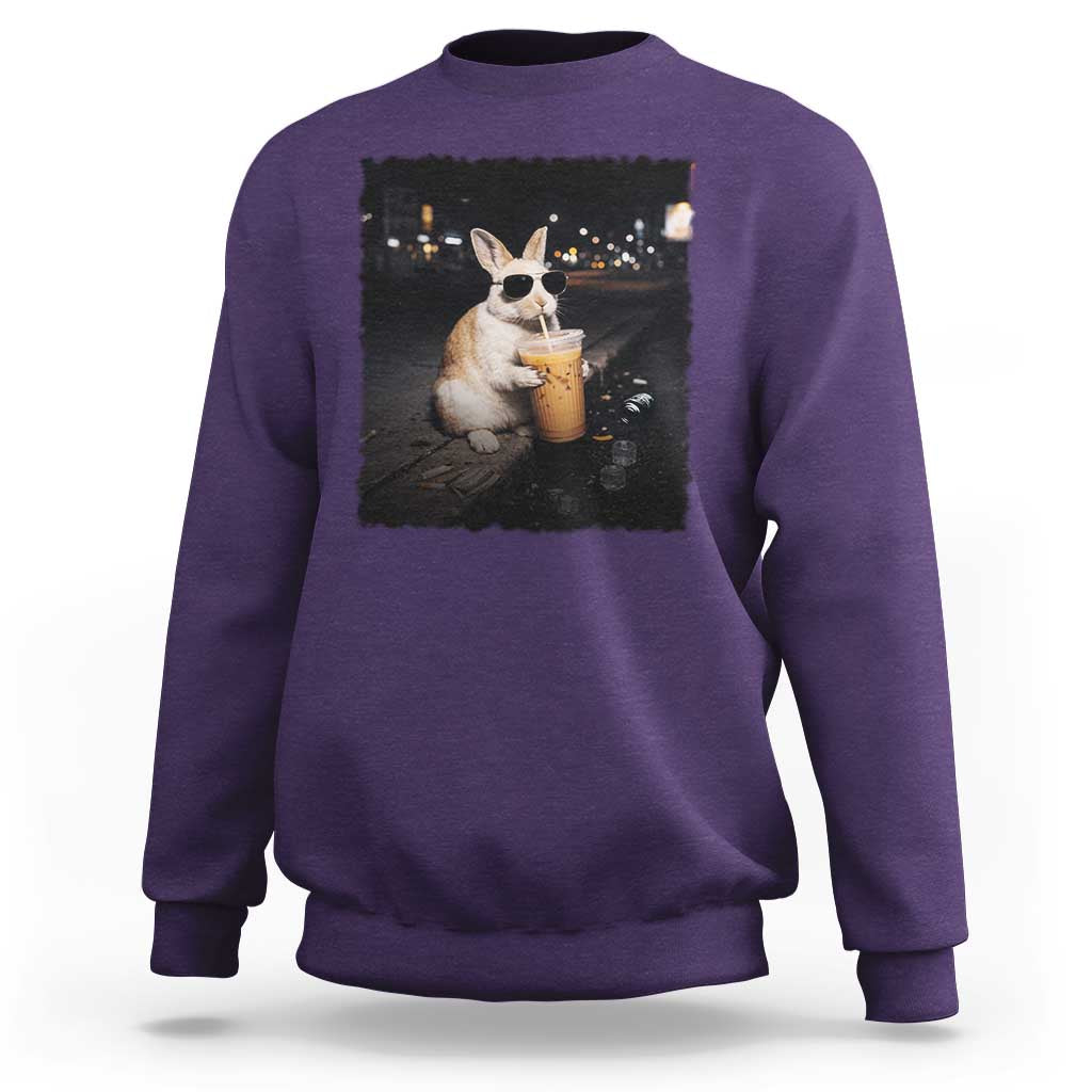 Funny Bunny Drinking Iced Coffee Sweatshirt Animal Meme Viral Internet