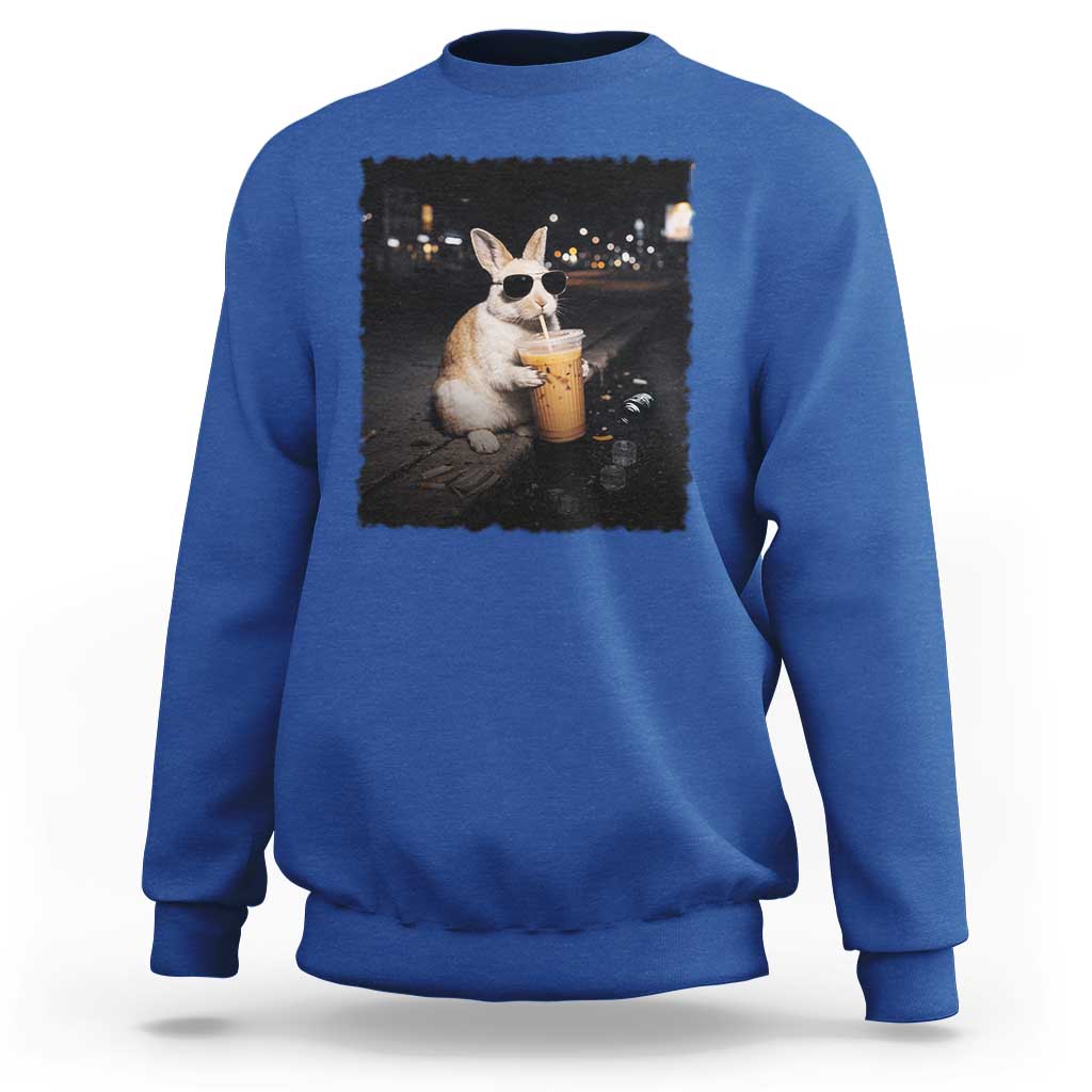 Funny Bunny Drinking Iced Coffee Sweatshirt Animal Meme Viral Internet