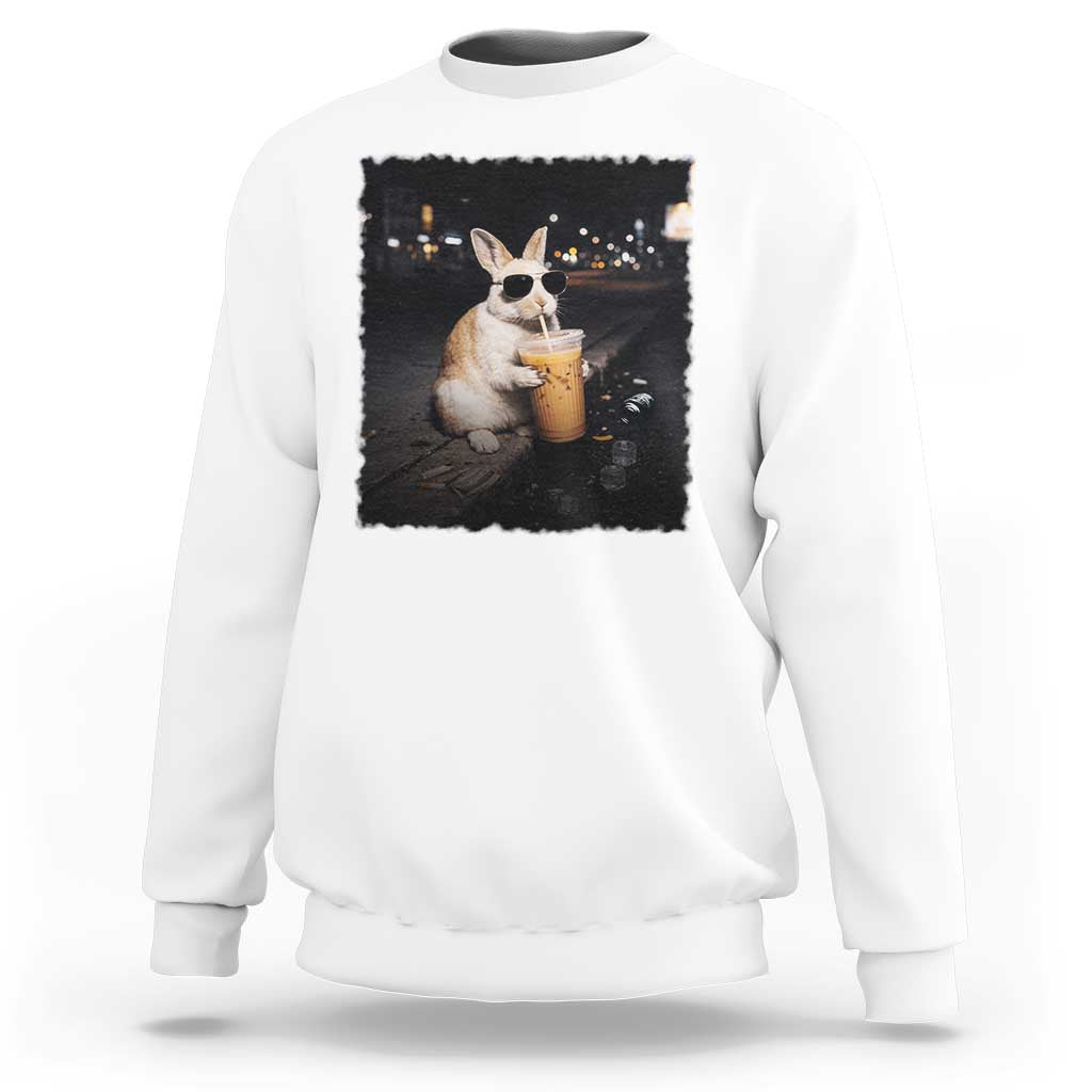 Funny Bunny Drinking Iced Coffee Sweatshirt Animal Meme Viral Internet
