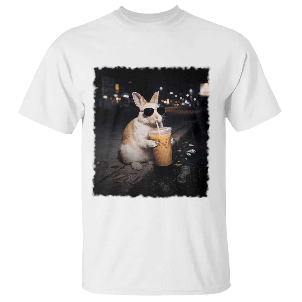 Funny Bunny Drinking Iced Coffee T Shirt Animal Meme Viral Internet