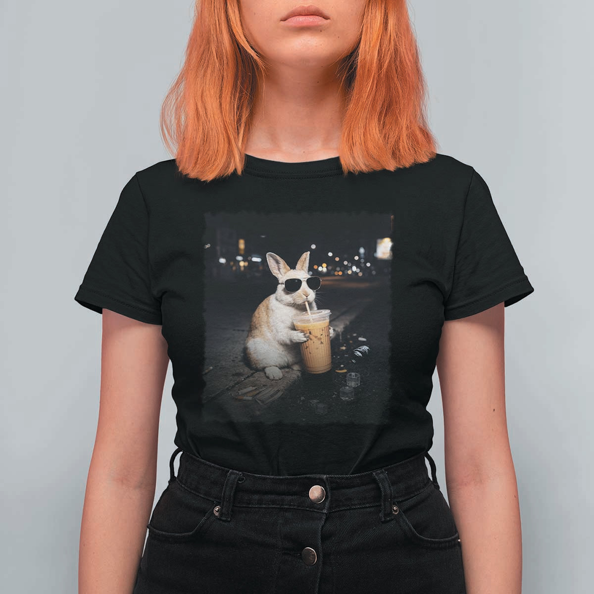 Funny Bunny Drinking Iced Coffee T Shirt For Women Animal Meme Viral Internet