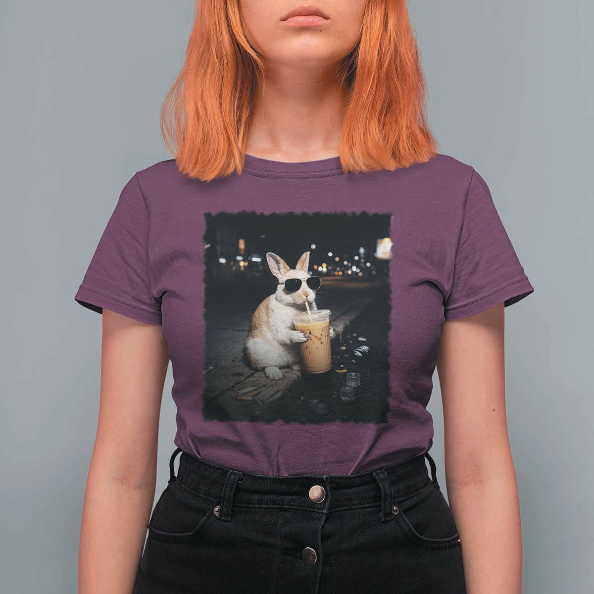 Funny Bunny Drinking Iced Coffee T Shirt For Women Animal Meme Viral Internet