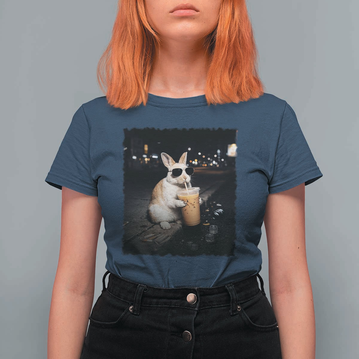 Funny Bunny Drinking Iced Coffee T Shirt For Women Animal Meme Viral Internet