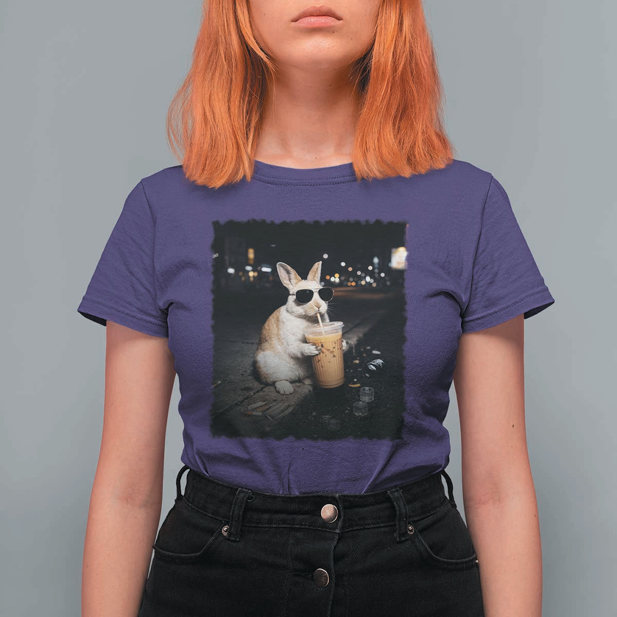 Funny Bunny Drinking Iced Coffee T Shirt For Women Animal Meme Viral Internet