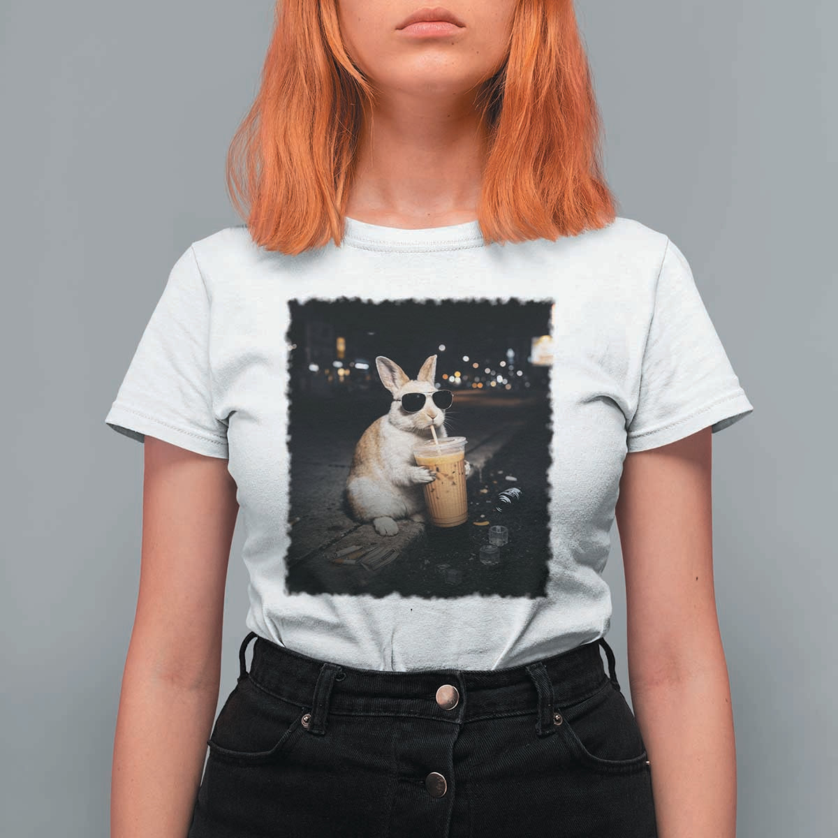 Funny Bunny Drinking Iced Coffee T Shirt For Women Animal Meme Viral Internet