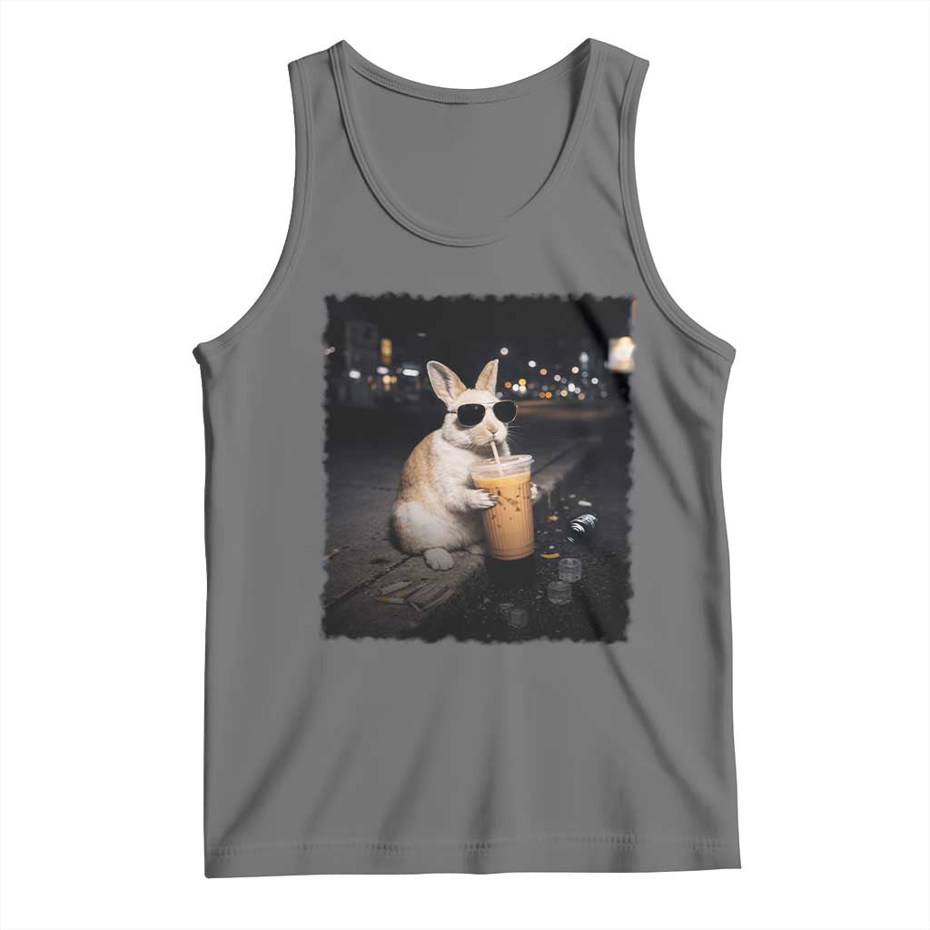 Funny Bunny Drinking Iced Coffee Tank Top Animal Meme Viral Internet