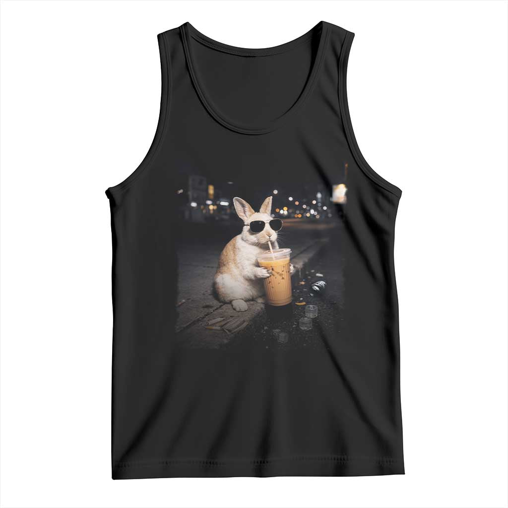 Funny Bunny Drinking Iced Coffee Tank Top Animal Meme Viral Internet