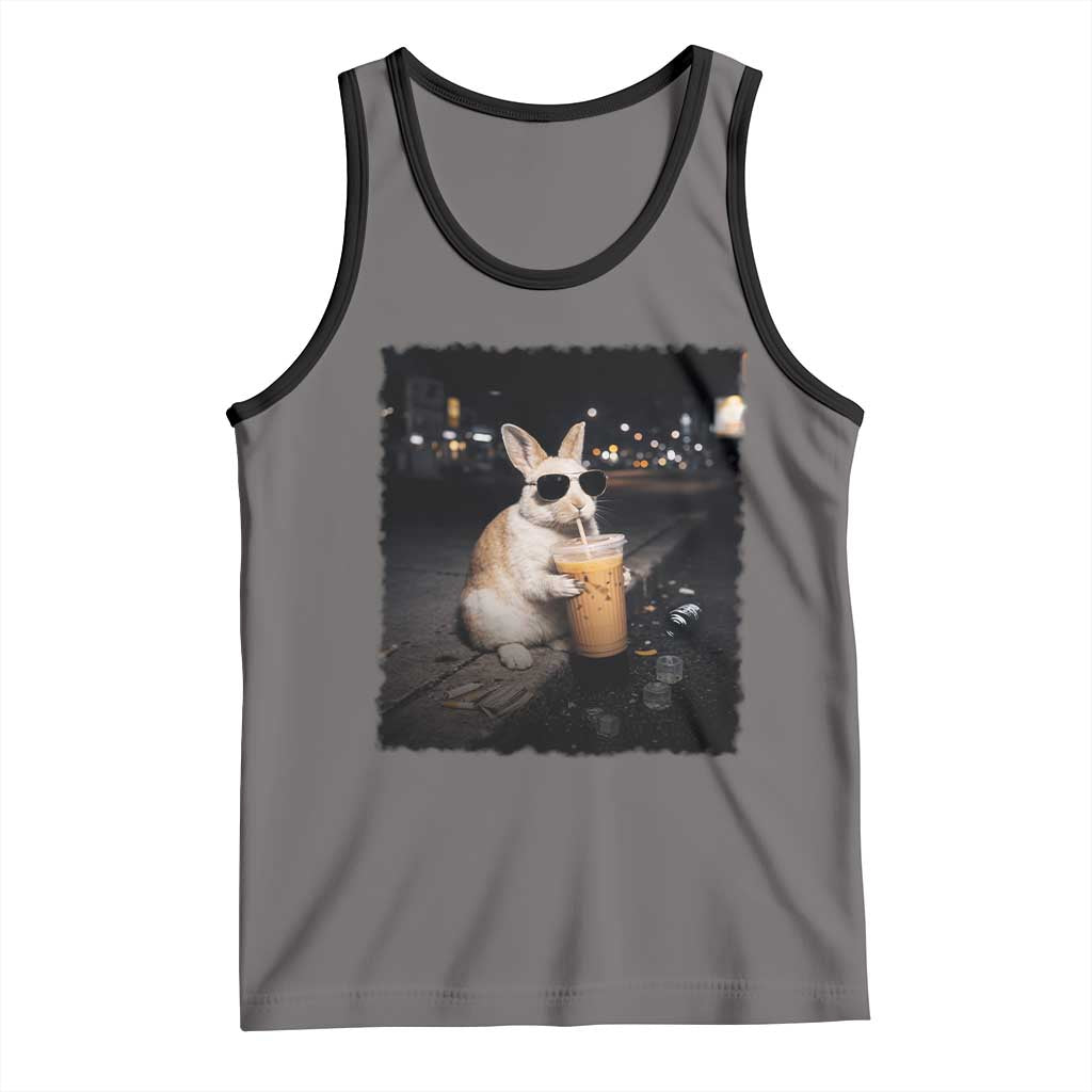 Funny Bunny Drinking Iced Coffee Tank Top Animal Meme Viral Internet