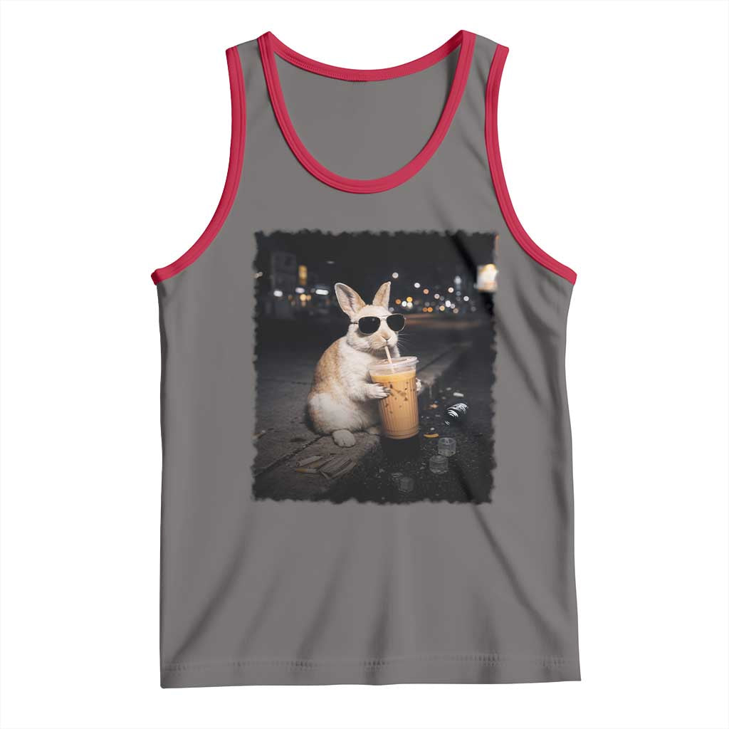 Funny Bunny Drinking Iced Coffee Tank Top Animal Meme Viral Internet