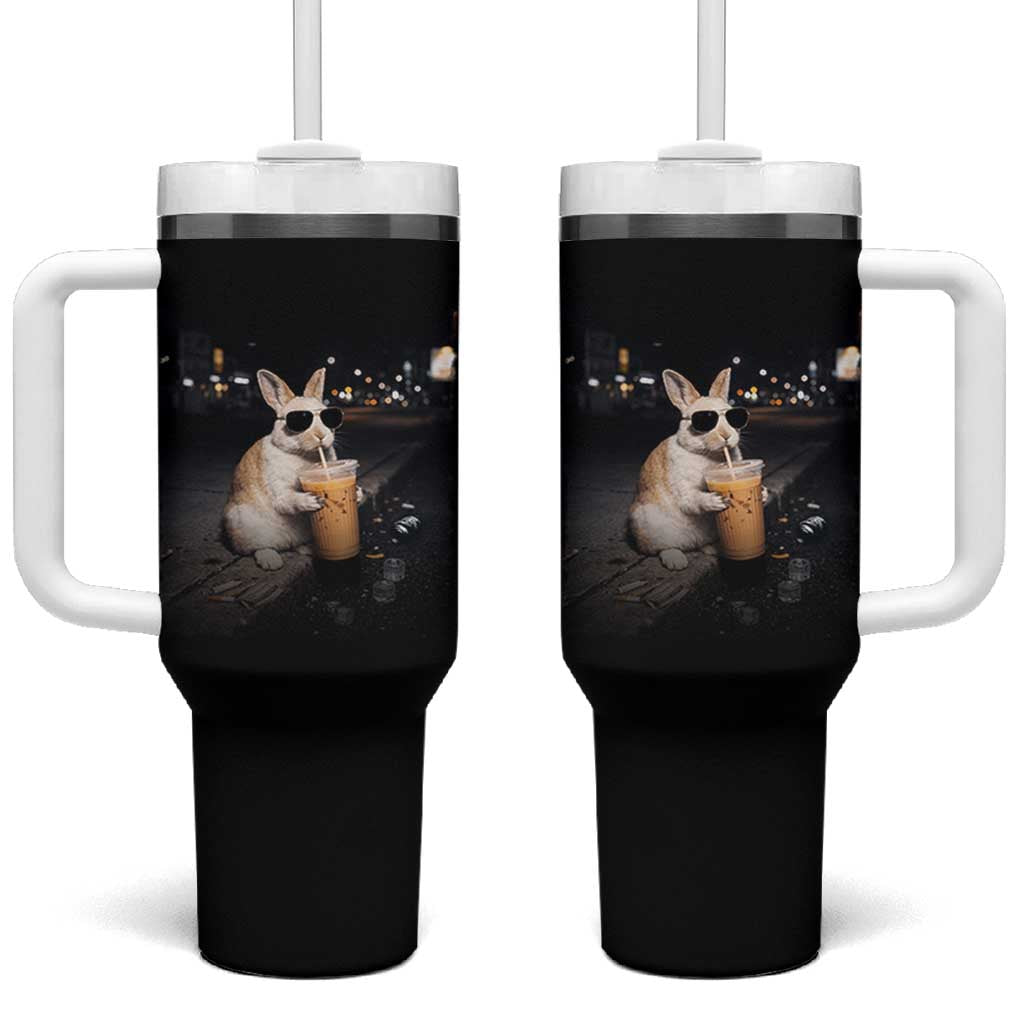 Funny Bunny Drinking Iced Coffee Tumbler With Handle Animal Meme Viral Internet
