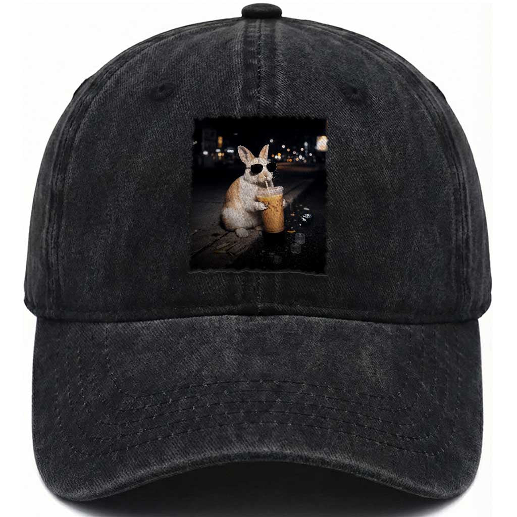 Funny Bunny Drinking Iced Coffee Washed Cotton Baseball Cap Animal Meme Viral Internet