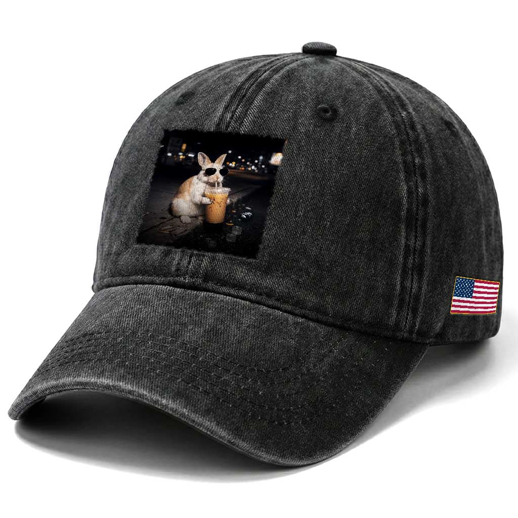 Funny Bunny Drinking Iced Coffee Washed Cotton Baseball Cap Animal Meme Viral Internet